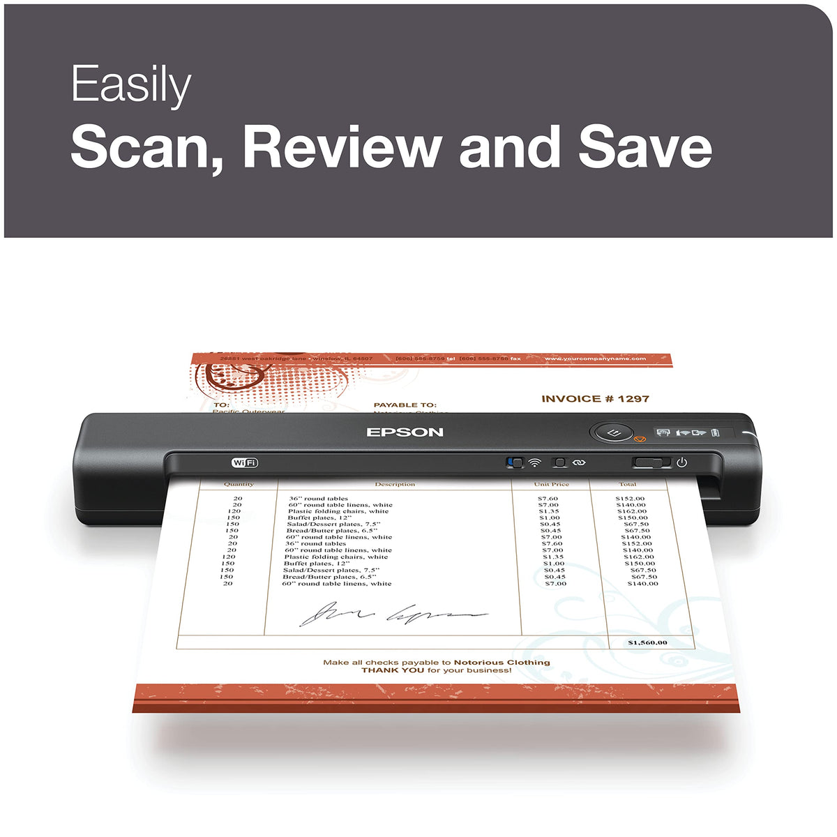 Epson Workforce ES-60W Wireless Compact Mobile Document Scanner