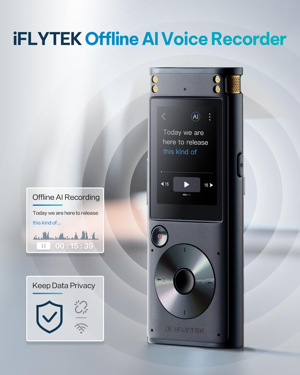iFLYTEK Offline Voice Recorder with Playback, Secure Digital Recorder with AI Transcription, 5-Language Voice-to-Text, Noise Reduction, AI Voice Recorder for Meetings, Interviews, Learning