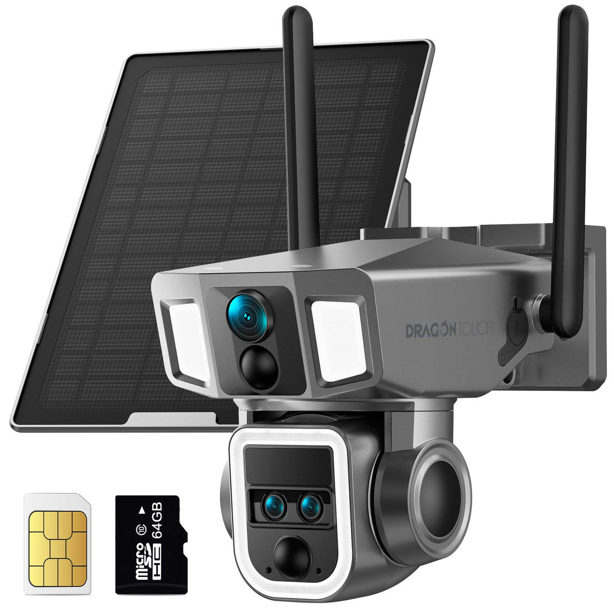 Dragon Touch 4G LTE Cellular Security Camera Outdoor, 4K Wireless Solar Bullet-PTZ Cam, 3 Lens, 10x Optical Zoom, 4G or WiFi 2 Mode, 360° PTZ AI Tracking, SIM Card and 64GB SD Card Included
