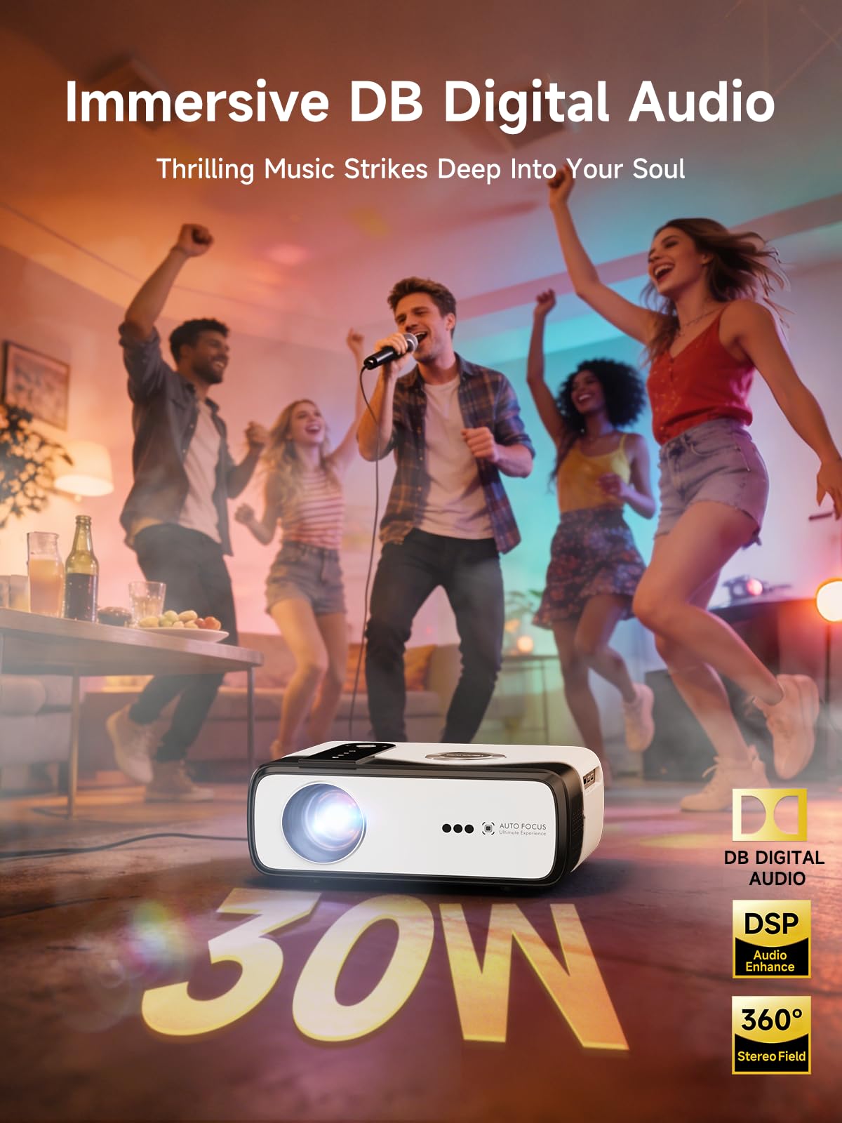 4K HDR Portable Projector with Smart Live TV & WiFi6, 30W Dolby Audio