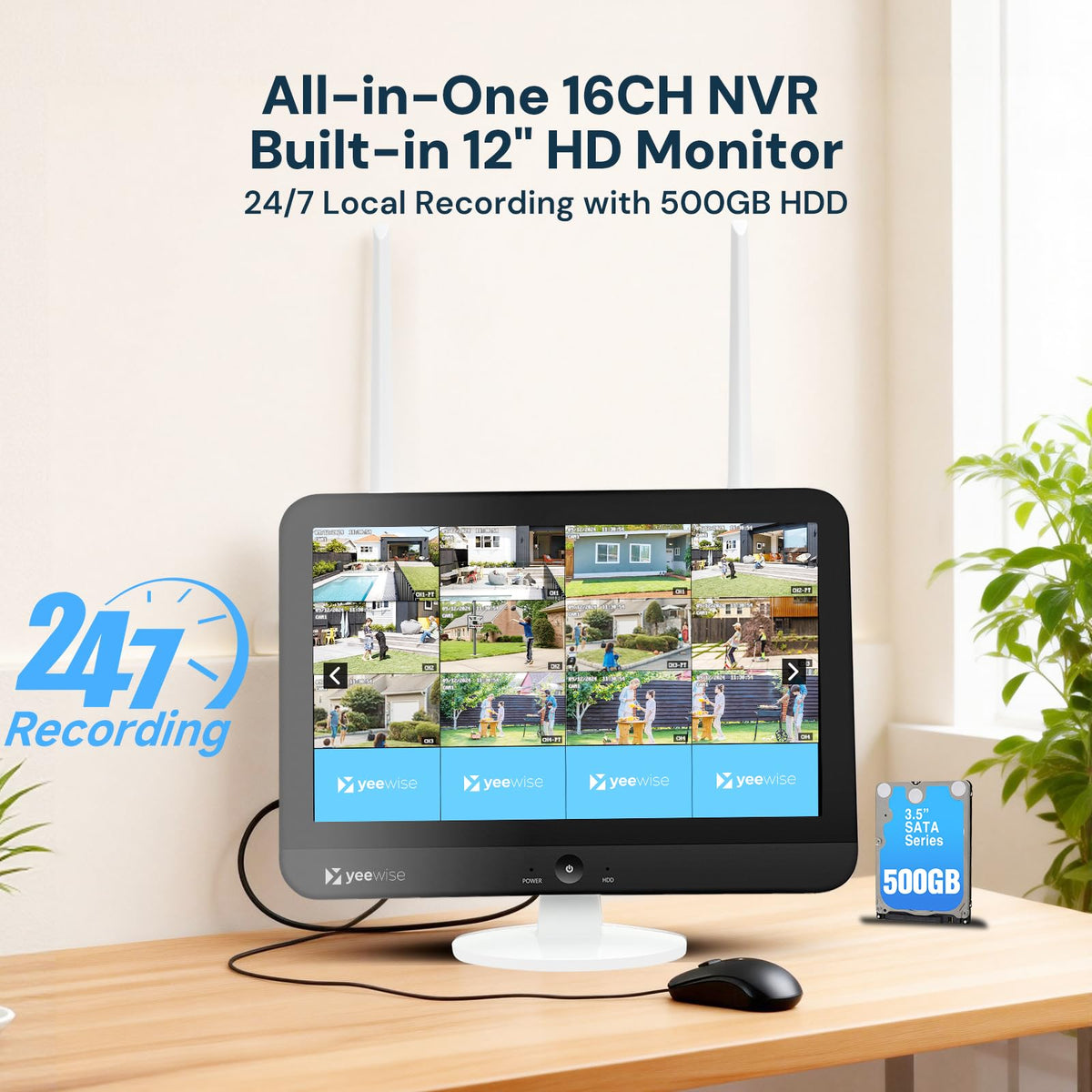 yeewise Triple Lens WiFi Security Camera System Outdoor with 12” Monitor