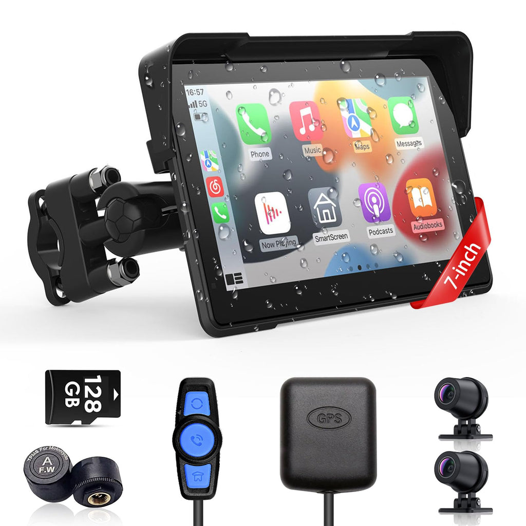 Wireless Motorcycle Apple Carplay & Android Auto,7 Inch Touchscreen with AHD Dual Cam,Siri & Google Assistant, Looping Recording/BSD/Bluetooth 5.2/ GPS/Remote Control/TMPS /IP69K Waterproof /128GB
