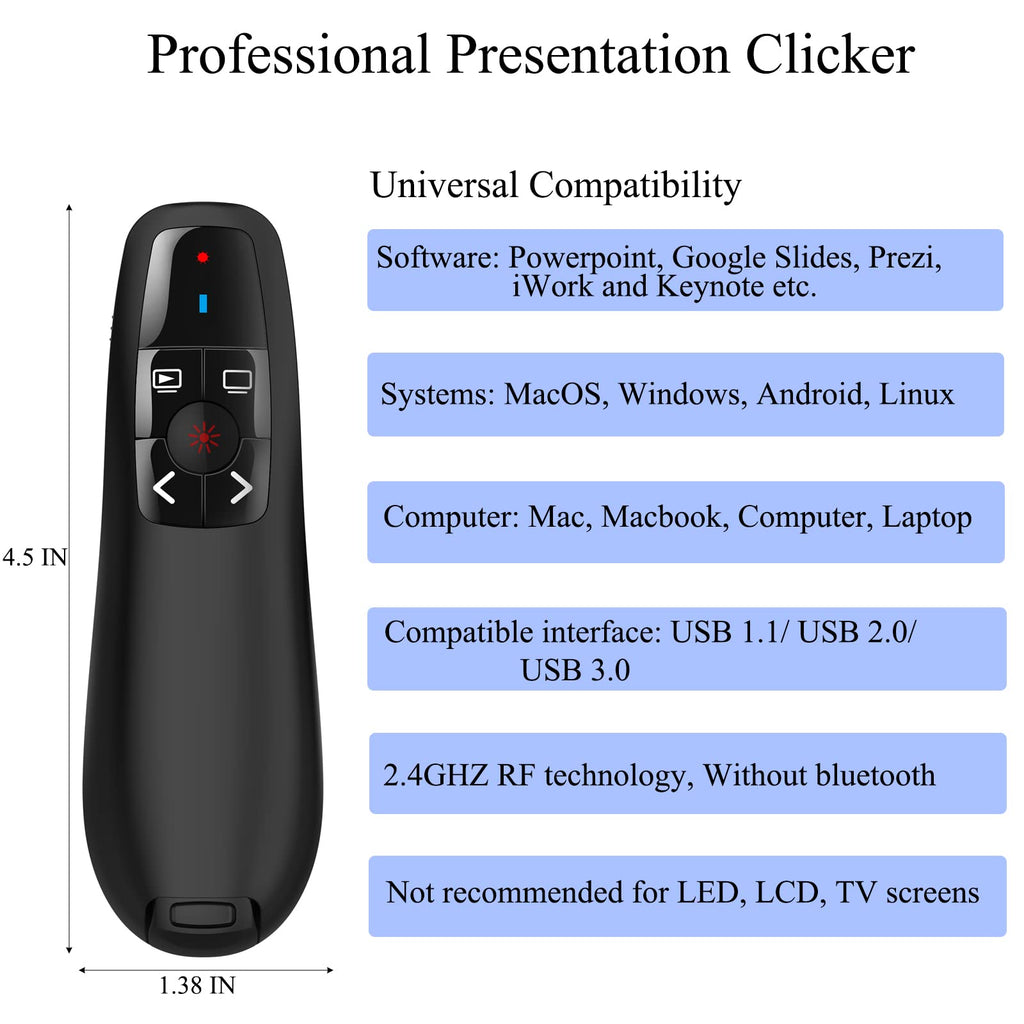 Wireless PowerPoint Remote Presentation Clicker: 30-Pack Presenter PPT Slide Advancer with Red Pointer | Plug & Play via USB | 100Ft Control Range | Ergonomic Design - Universal Compatibility