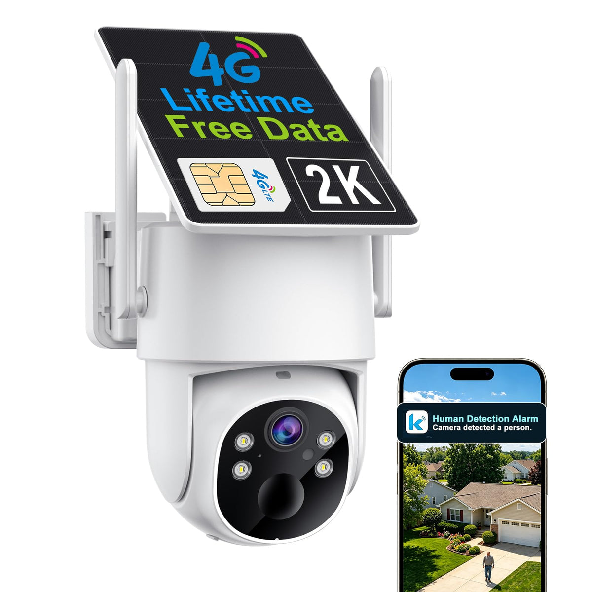 VSKY 4G Cellular Security Camera, Lifetime Free Unlimited Data, 2K Pan Tilt
