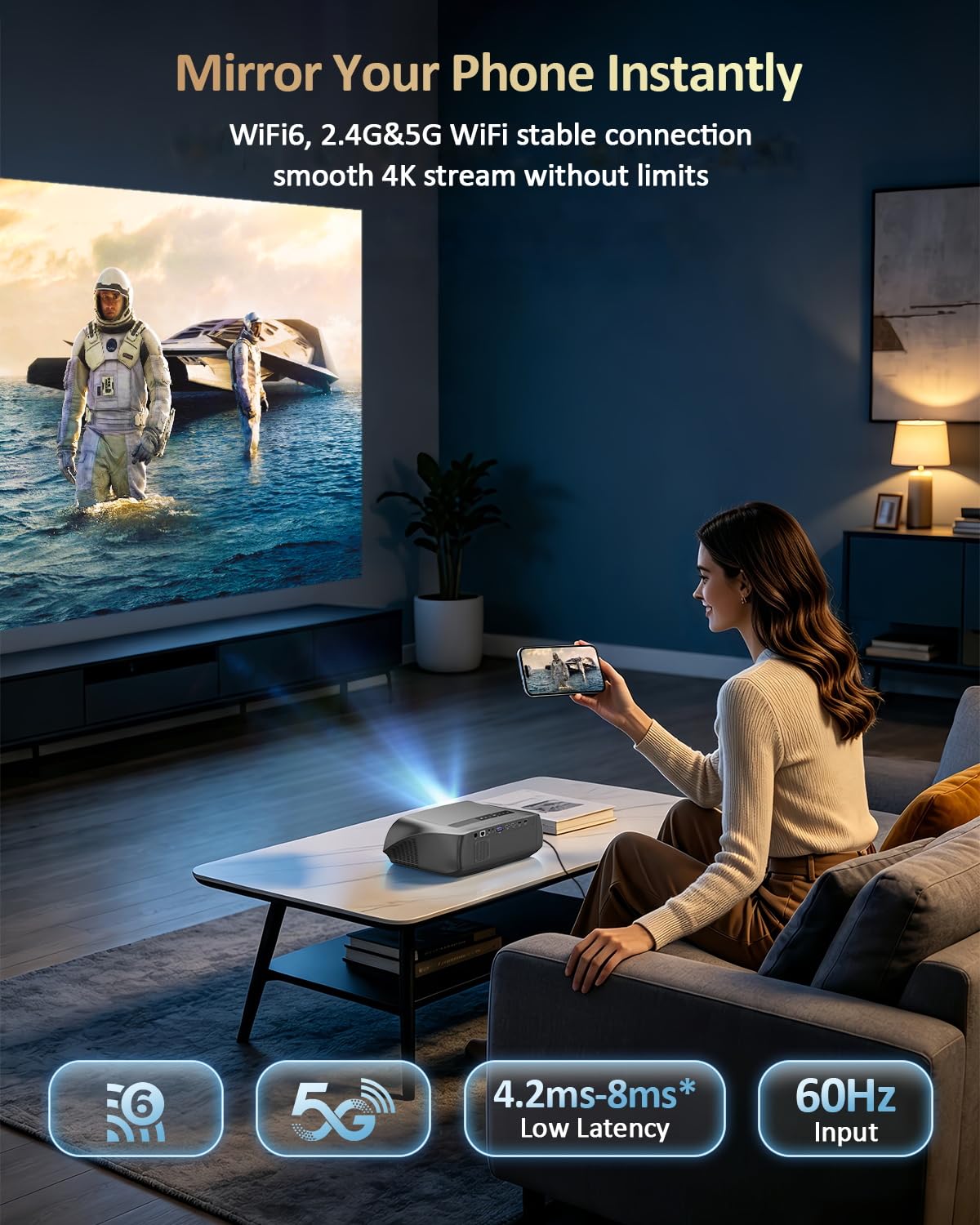 Smart Projector True 1800ANSI Indoor Daylight, 4K HDR Support Home Theater