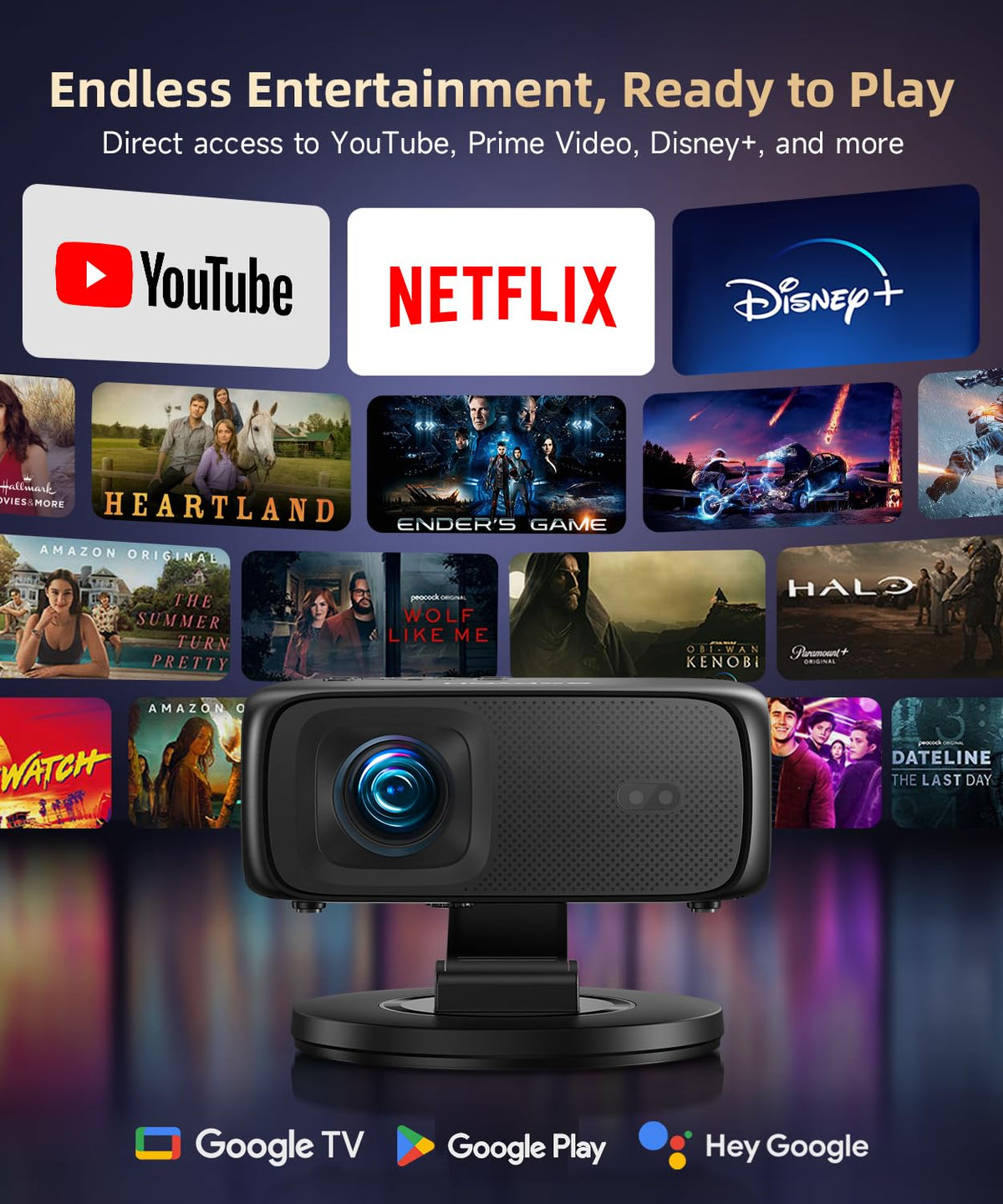 1500ANSI Google TV Smart Projector, Auto Focus & Keystone,with Stand