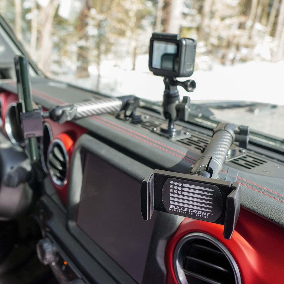 Bulletpoint RubiGrid Multiple Device Dash Mount Platform with 2 Phone Holders + Action Camera Bracket Compatible with 2018-2023 Jeep Wrangler JL (NOT 4xe) + 2020-2023 Gladiator