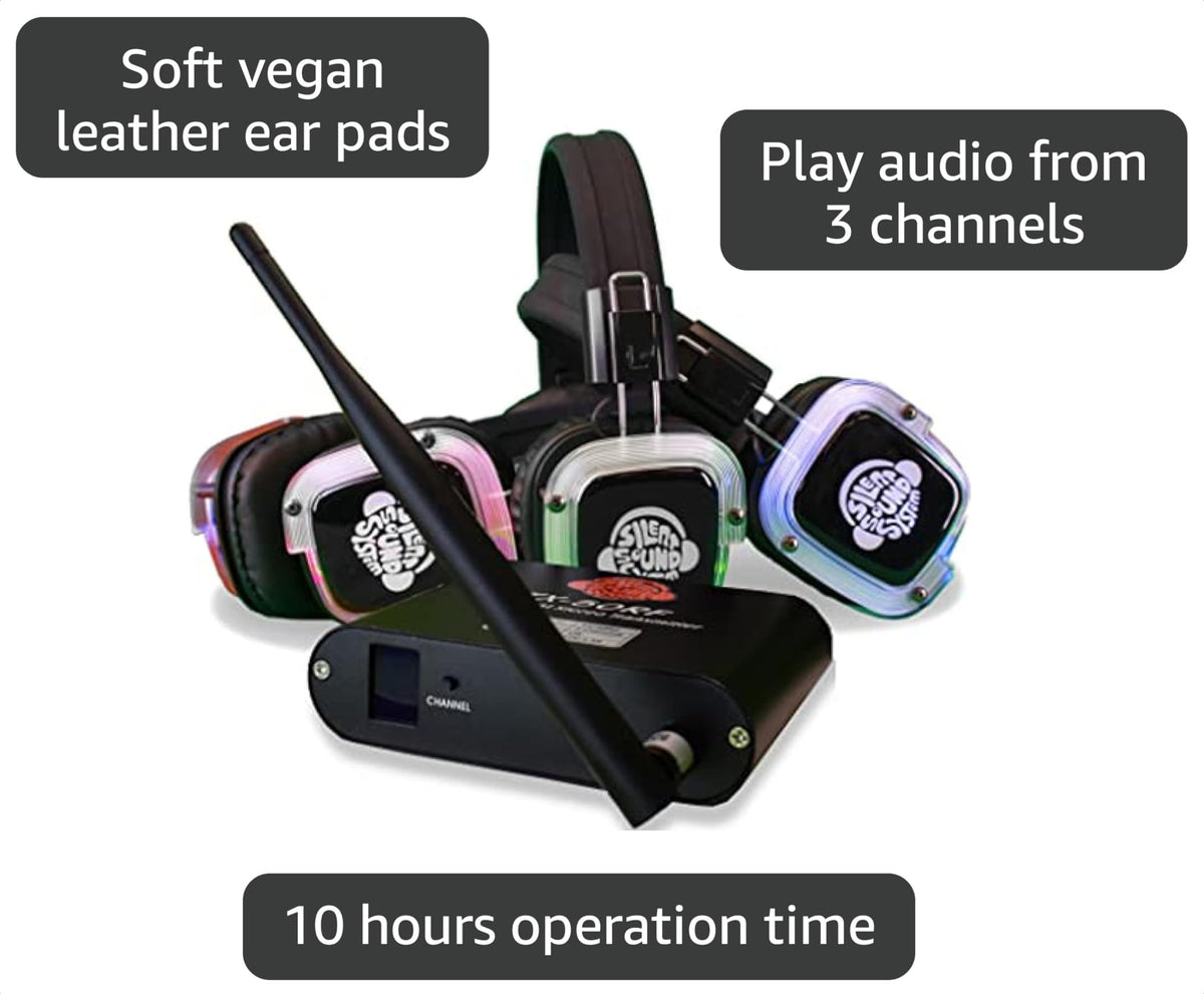 50 Pack Silent Disco LED Headphone Package (50 RF Headphones, 3 Transmitters)
