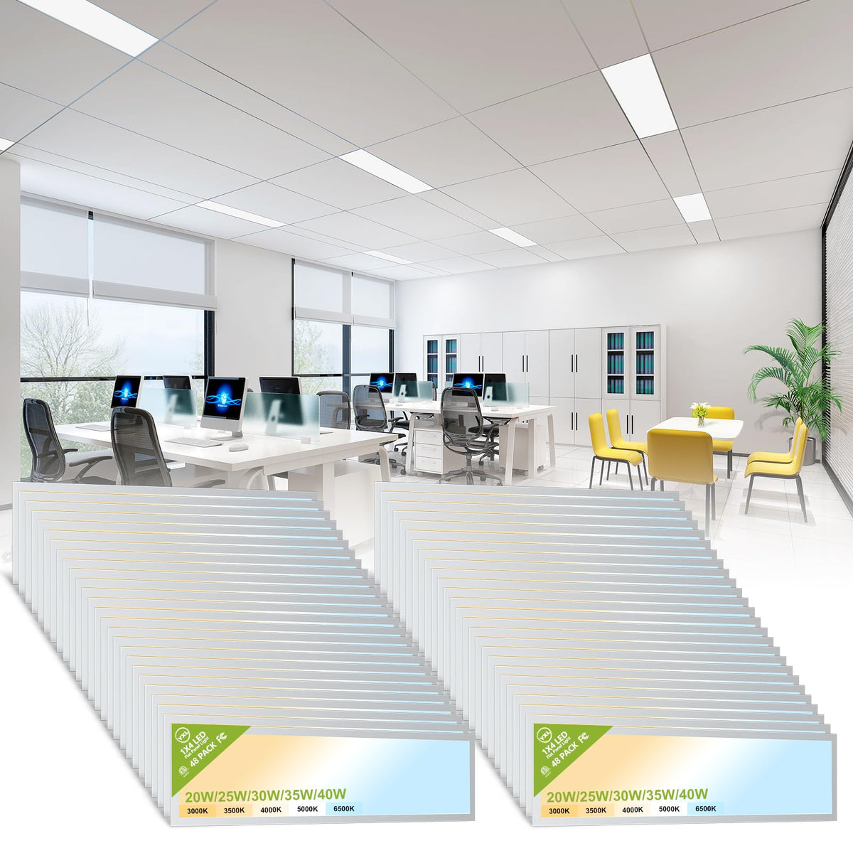 YXL 6 Pack 1x4 LED Flat Panel Light Office Light, 5200LM, 5CCT LED Drop Ceiling Light Fixture, 40W/35W/30W/25W/20W Selectable,6500K/5000K/4000K/3500K/3000K,Dimmable 0-10V,ETL