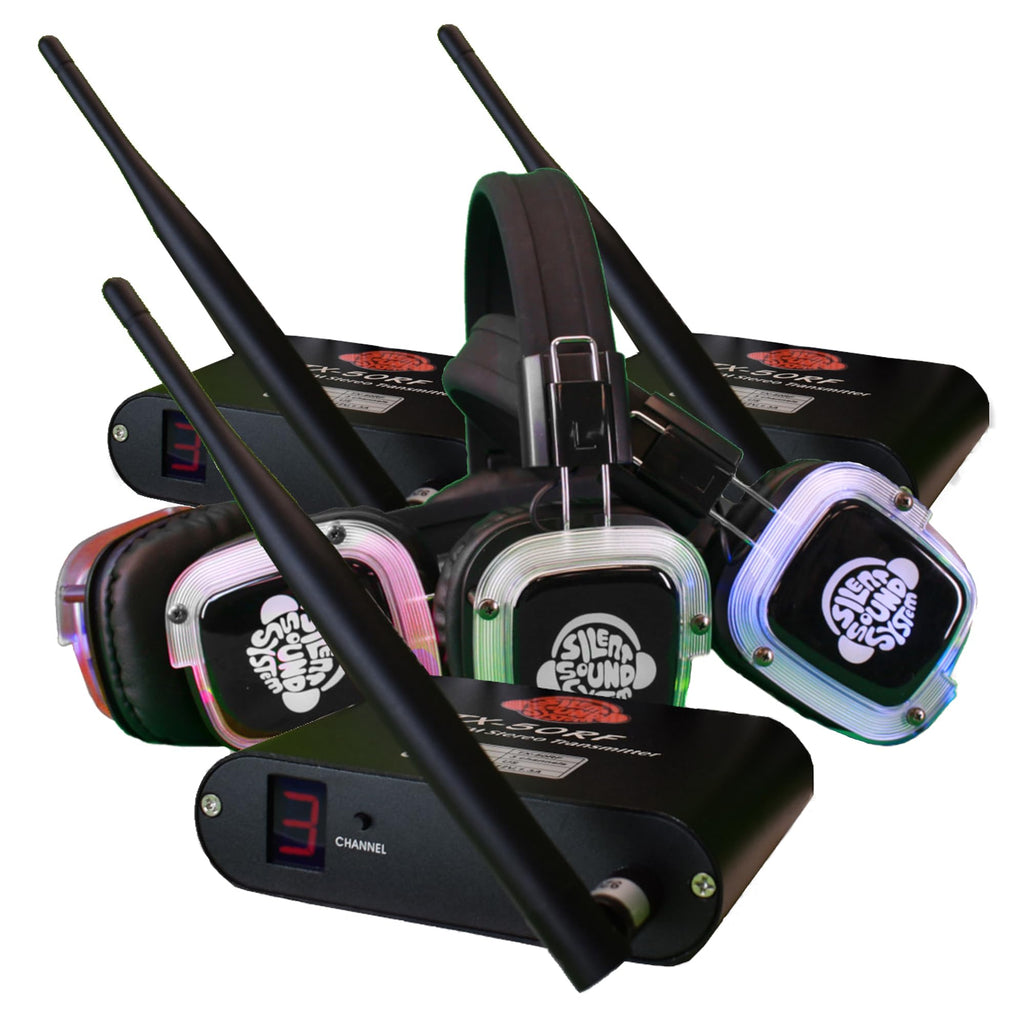 50 Pack Silent Disco LED Headphone Package (50 RF Headphones, 3 Transmitters)