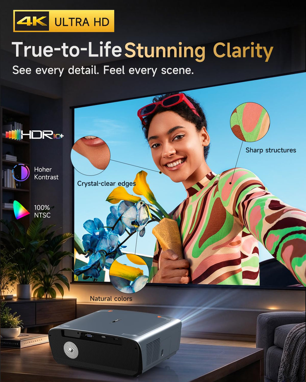 Google TV 4K Smart Projector Daylight Home Theater 2400 ANSI Lumen，38W Dolby Audio, ToF Auto Focus & Auto Keystone, Short Throw, WiFi 6, Bluetooth, HDMI ARC/CEC, NFC
