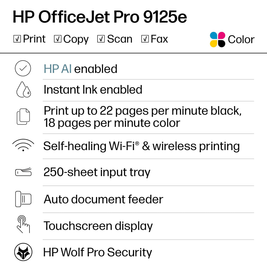 HP OfficeJet Pro 9125e Color Inkjet Printer | Wireless | All-in-One
