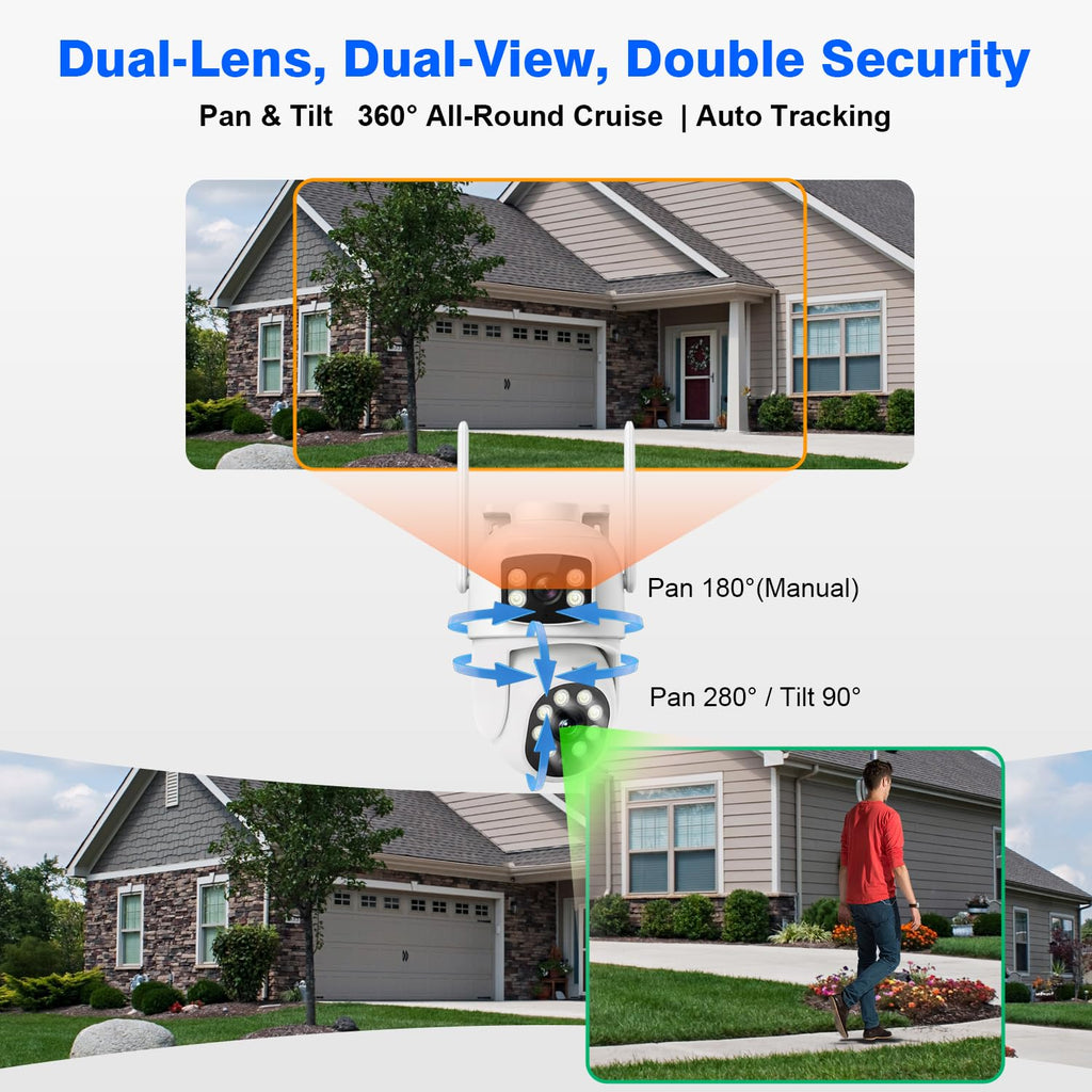 Expandable 10CH NVR Wireless Security System 10.1" Monitor, 4 Dual Lens PTZ 4MP Camera, Humanoid Motion Detection, Spotlight, Siren Alarm, 2-Way Audio, in/Outdoor, 1TB HDD, Color Night Vision