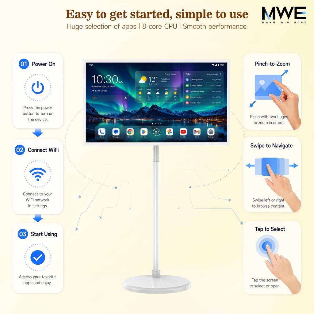 Zarael 43 Inch Smart Portable TV, 4K Touchscreen Display with Built-in 20000mAh Battery, Android 14, 8GB RAM 128GB Storage, WiFi and Bluetooth, for Home Entertainment and Workouts