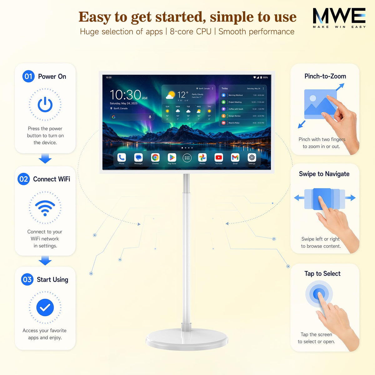 Zarael 43 Inch Smart Portable TV, 4K Touchscreen Display with Built-in 20000mAh Battery, Android 14, 8GB RAM 128GB Storage, WiFi and Bluetooth, for Home Entertainment and Workouts