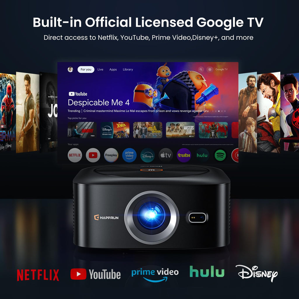 HAPPRUN 1500 ANSI Official Licensed Google TV Outdoor 4K Full HD Projector