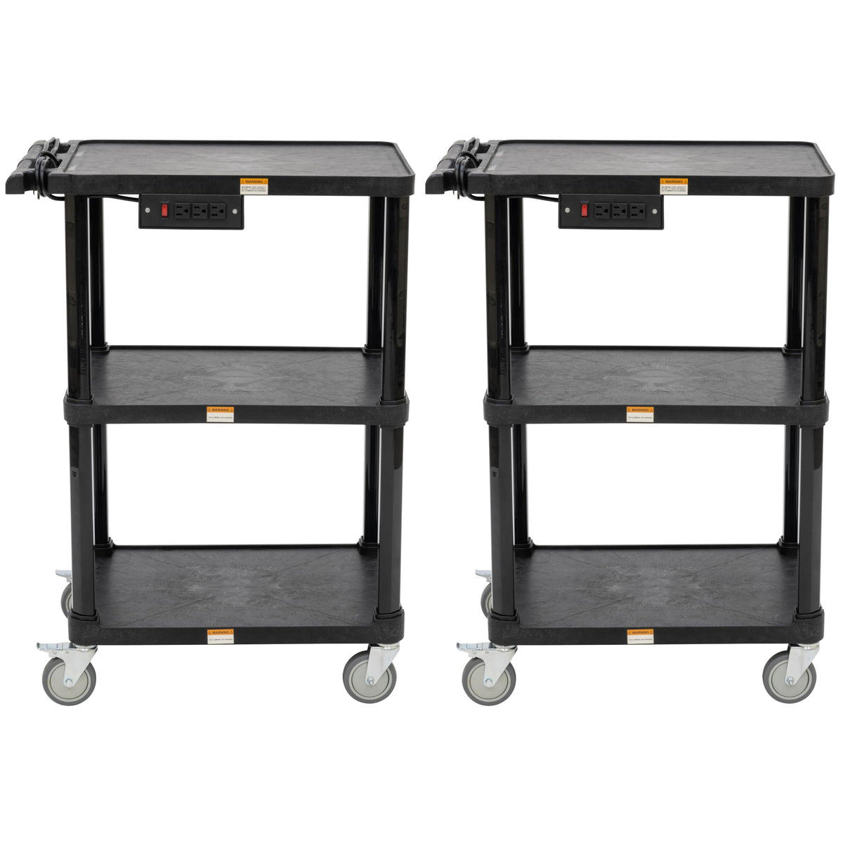 Pearington 3-Shelf Mobile Utility Cart with 3 Outlets and 8' Cord, Heavy-Duty Service Cart for Offices and Warehouses with 3 Shelves, Black, 2 Pack