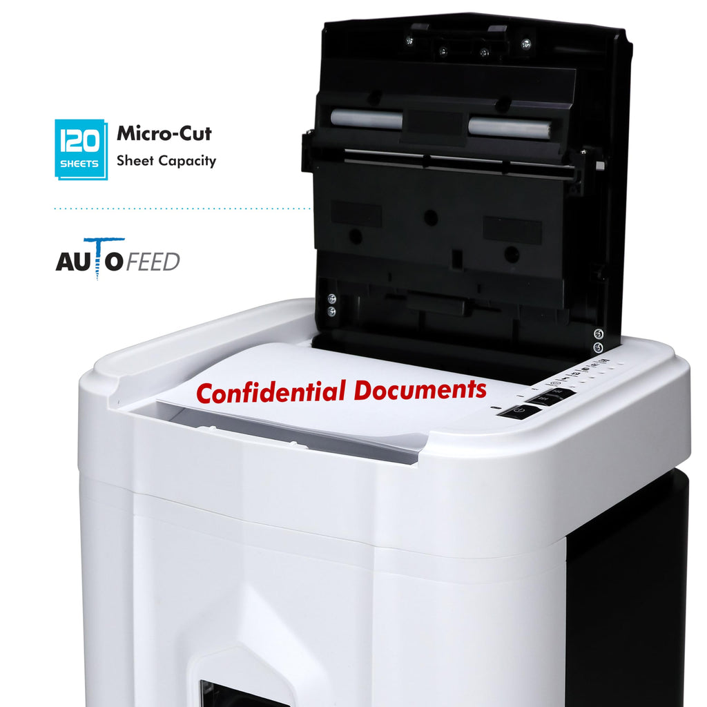Aurora Professional Grade 120-Sheet Auto Feed Micro-Cut Paper and Credit Card Shredder with 5 Gallon Pullout Basket / 30 Minutes/Security Level P-4 (White/Black)