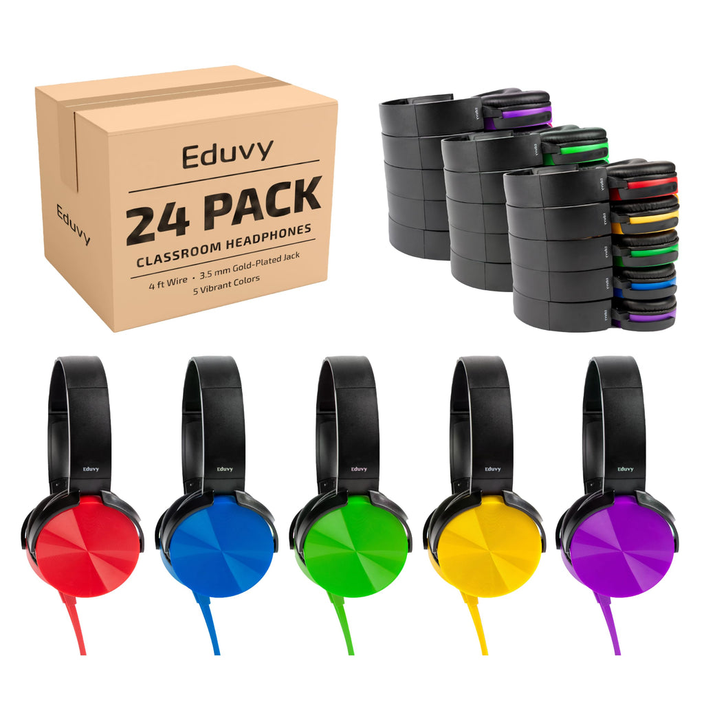 Classroom Headphones Bulk 24 Pack, Wired Assorted Student School Class Set
