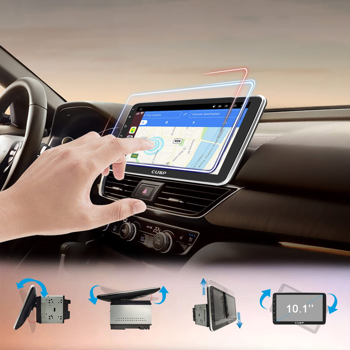 CUSP 10.1 Inch Android Car Stereo Radio, Double Din Touchscreen Head Unit with Wireless CarPlay Android Auto, 1280×720 QLED Display,GPS Navigation,Bluetooth,WiFi,DSP,SWC,Backup Camera,Manual Rotation