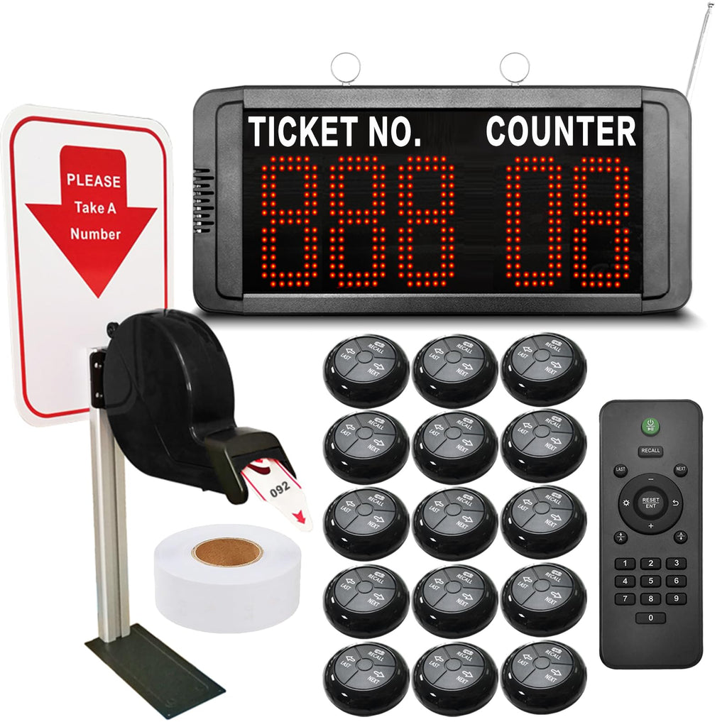 Multi-Window Take a Number System Wireless Queue Management System with LED Digital Display & Voice Broadcast 15 Counter Call Buttons for Bank Clinic Hospital Waiting Room