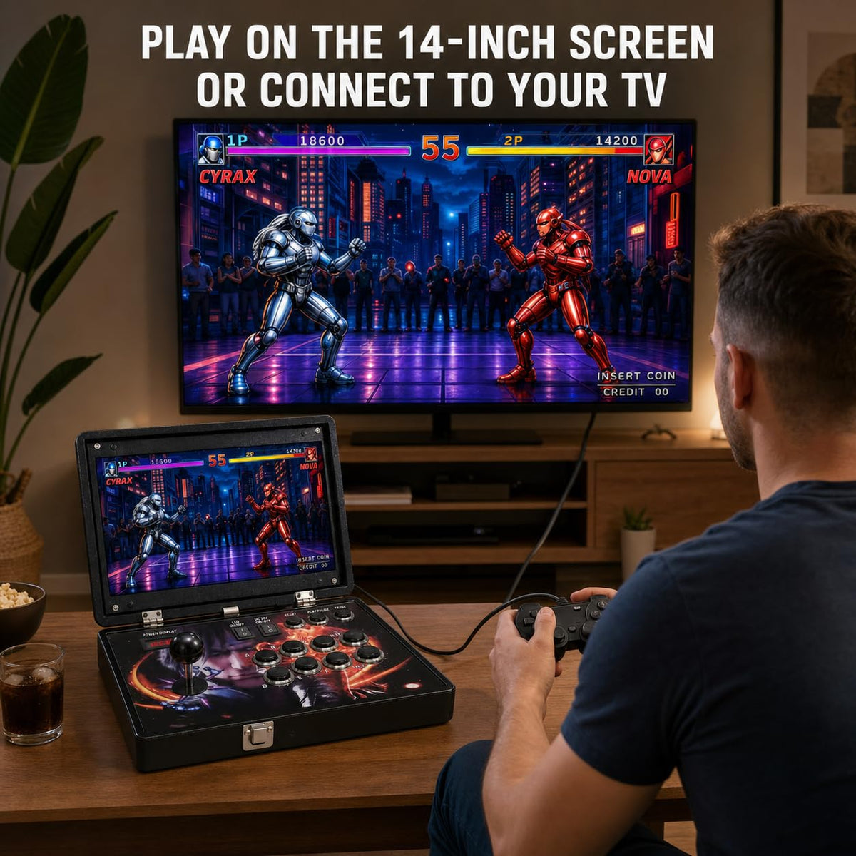 14-Inch HD Screen Foldable Portable Retro Arcade Console with 32,000 Games, TV Connection