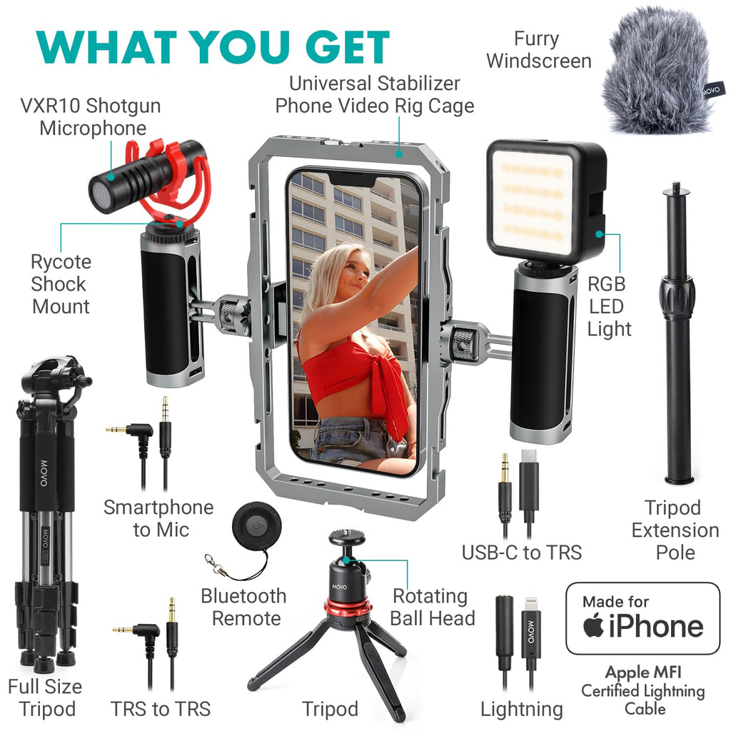 Movo iFilmer-PRO Smartphone Video Rig Kit – Stabilizer Cage with Dual Grips, VXR10 Shotgun Microphone, LED Light, & Tripod for iPhone/Android