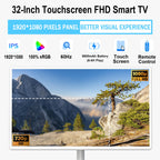 32-Inch FHD Smart Portable TV, Rolling TV on Wheels, Built-in Battery, Android 15 OS, Touch Screen Monitor, 6GB RAM + 128GB Storage, 8MP Camera, Full Swivel Rotation, Voice Remote