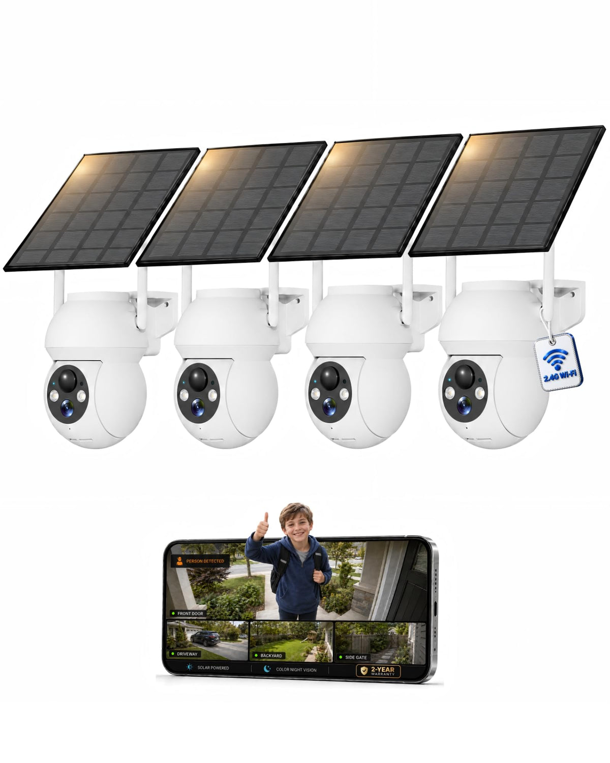 SolarCam 4-Pack, 2K Security Cameras Wireless Outdoor, Solar Powered