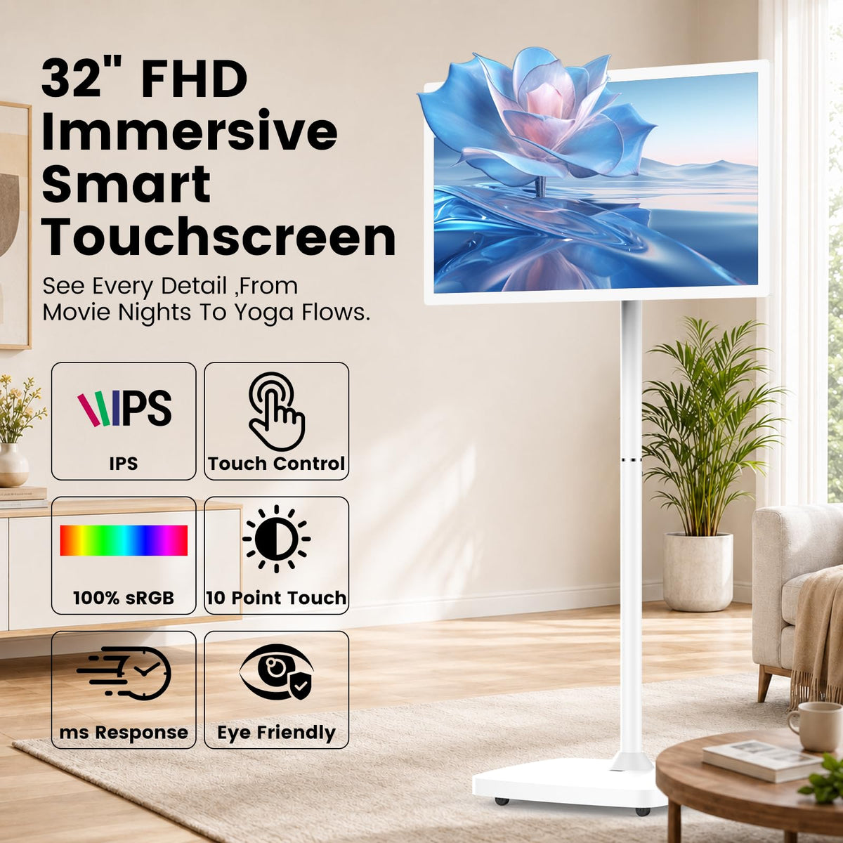 32" Portable Smart TV on Wheels, Rolling Touchscreen TV for Home, Office