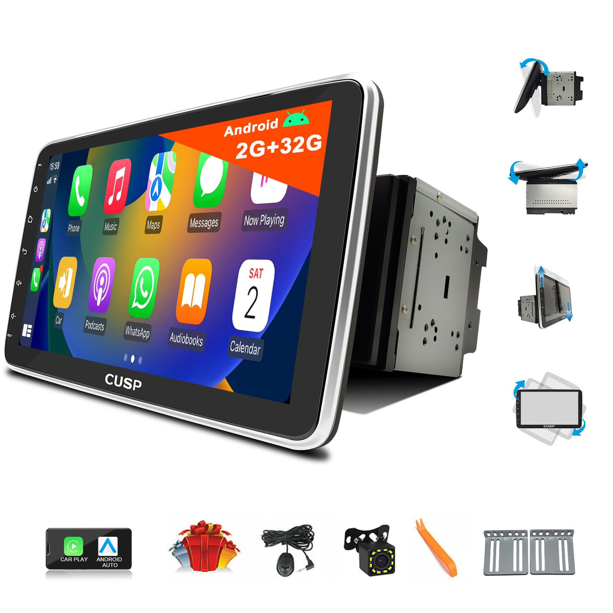 CUSP 10.1 Inch Android Car Stereo Radio, Double Din Touchscreen Head Unit with Wireless CarPlay Android Auto, 1280×720 QLED Display,GPS Navigation,Bluetooth,WiFi,DSP,SWC,Backup Camera,Manual Rotation