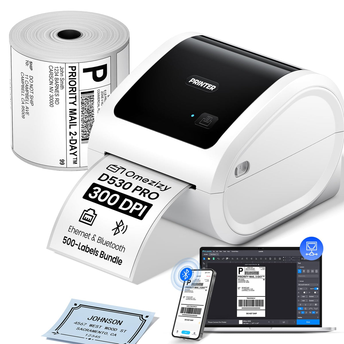 300DPI Ethernet Shipping Label Printer with 500Pcs Labels