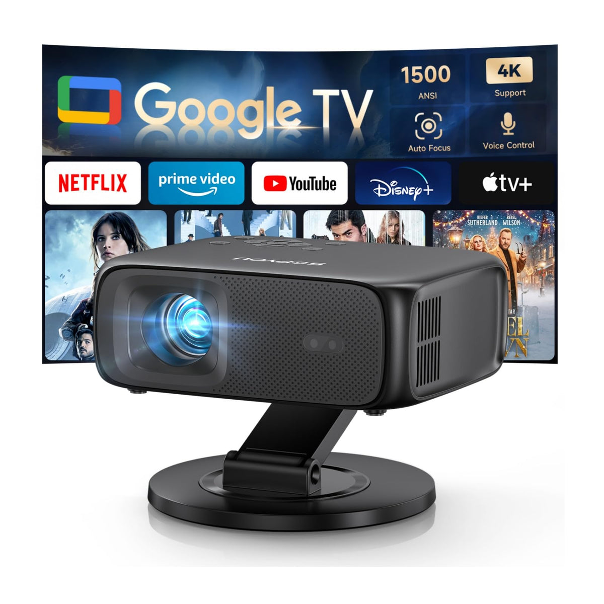 1500ANSI Google TV Smart Projector, Auto Focus & Keystone,with Stand