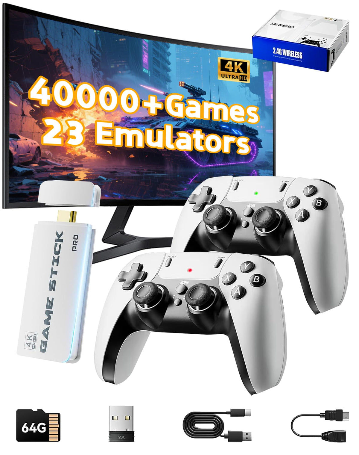 2026 Upgraded Retro Gaming Console Stick, Video Games Stick Built-in 23 Emulators Console Projector, 40000+ Game System with 4K HDMI, Plug and Play TV Video Game Stick with Controllers (White)
