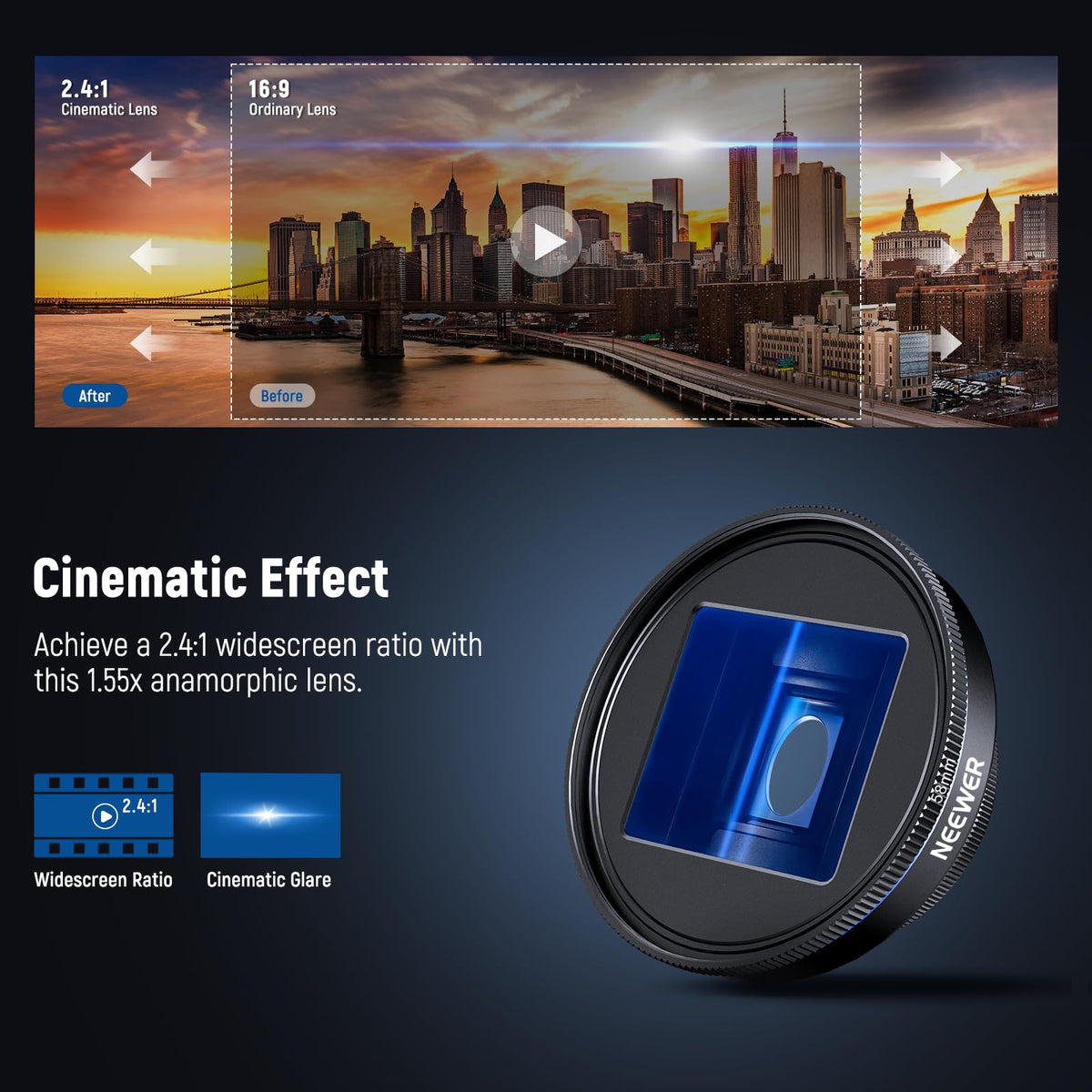 NEEWER 1.55x Blue Anamorphic Lens Compatible with iPhone Android Samsung, Phone Camera Accessories with 17mm Threaded Lens Clip & 58mm Filter Adapter Ring, Cinematic Wide Screen Effect, LS-43 Ultra