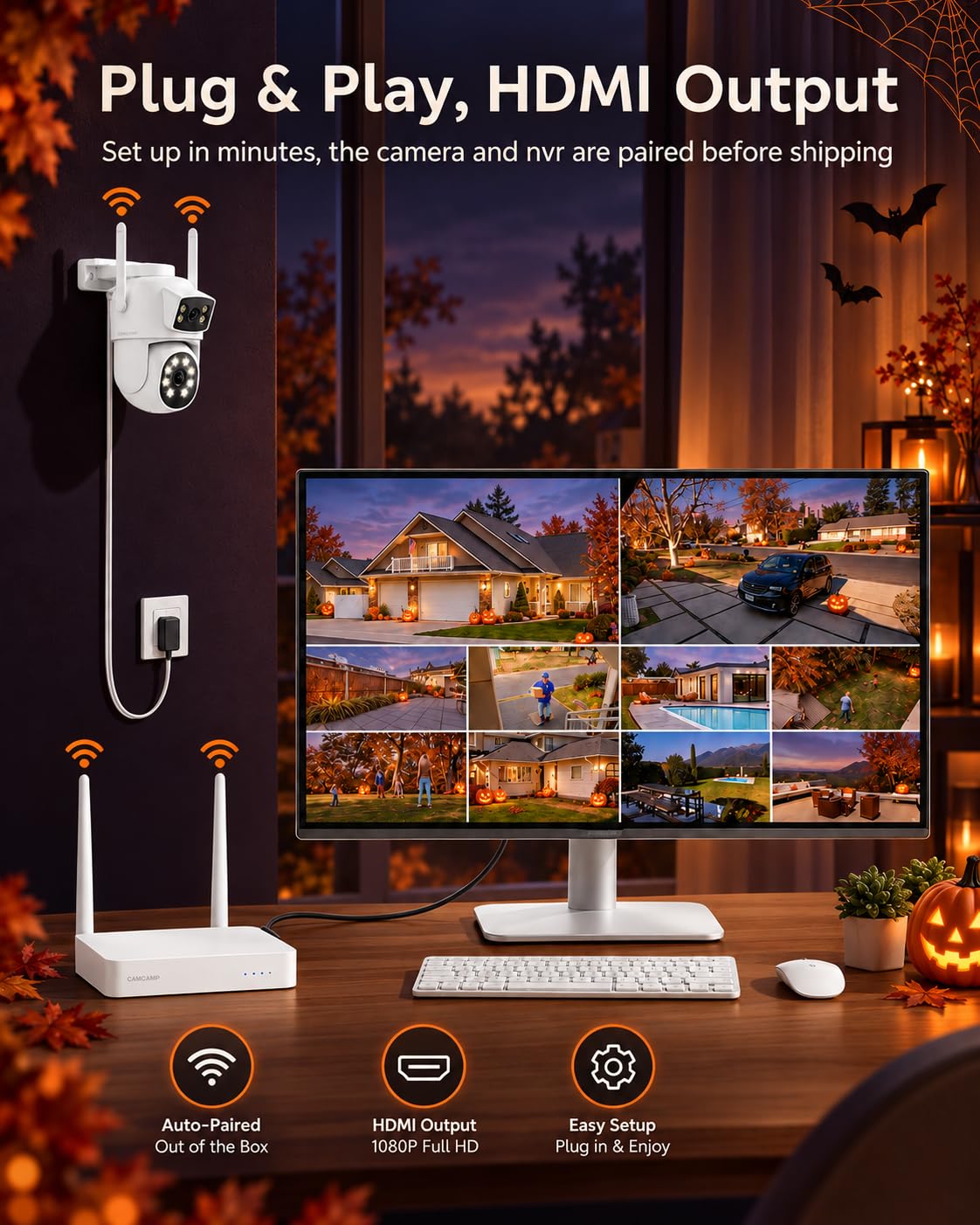 Camcamp Dual-Lens Home Security Cameras System Wireless Outdoor, 4 Cam Kits