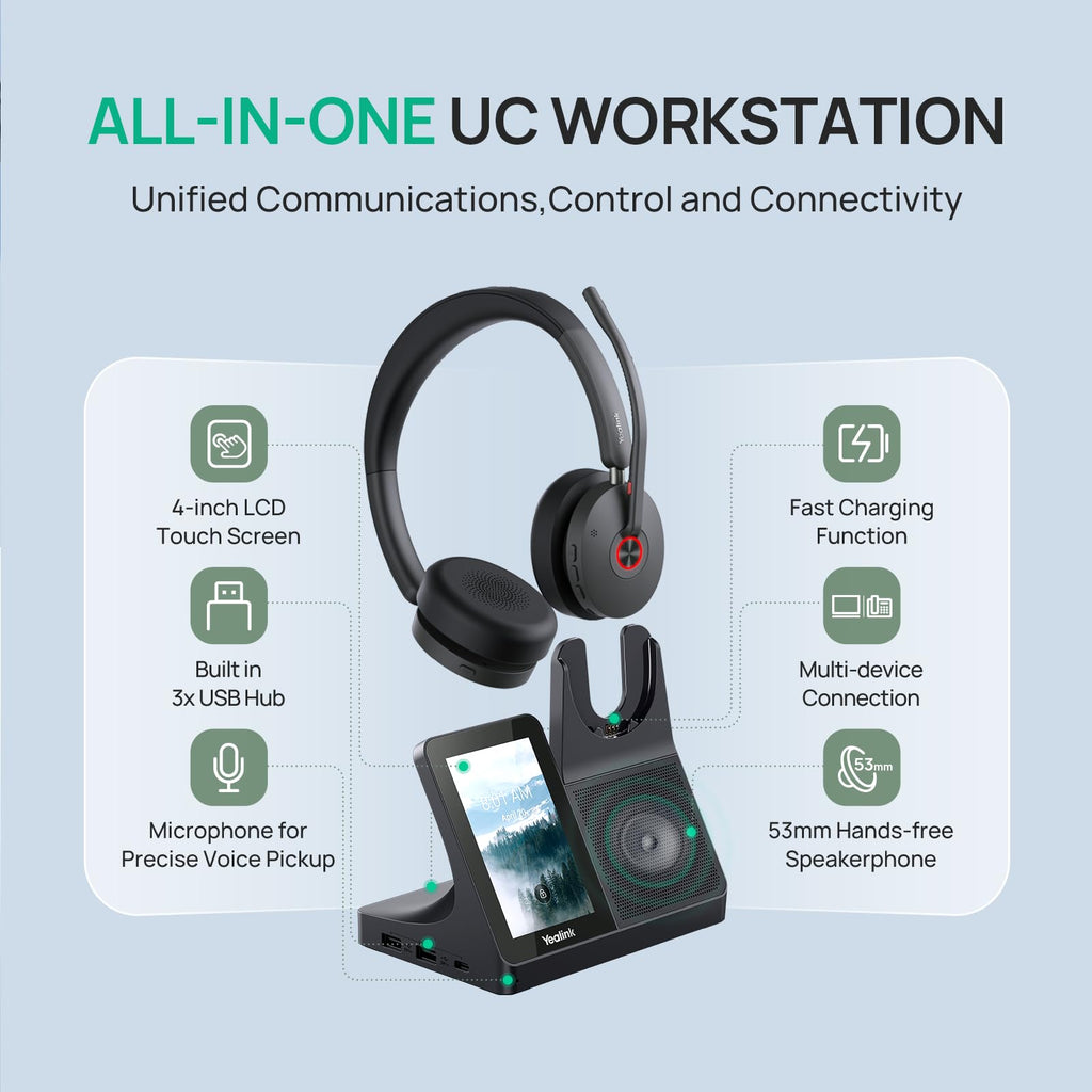 Yealink WH68 Workstation DECT Wireless Headset with 4" Touch Screen, 4 Mic Hybrid ANC, 606ft Range, All in One Workstation with Speaker, 3X USB Hub Office Headset for Desk Phone, Computer, Cellphone