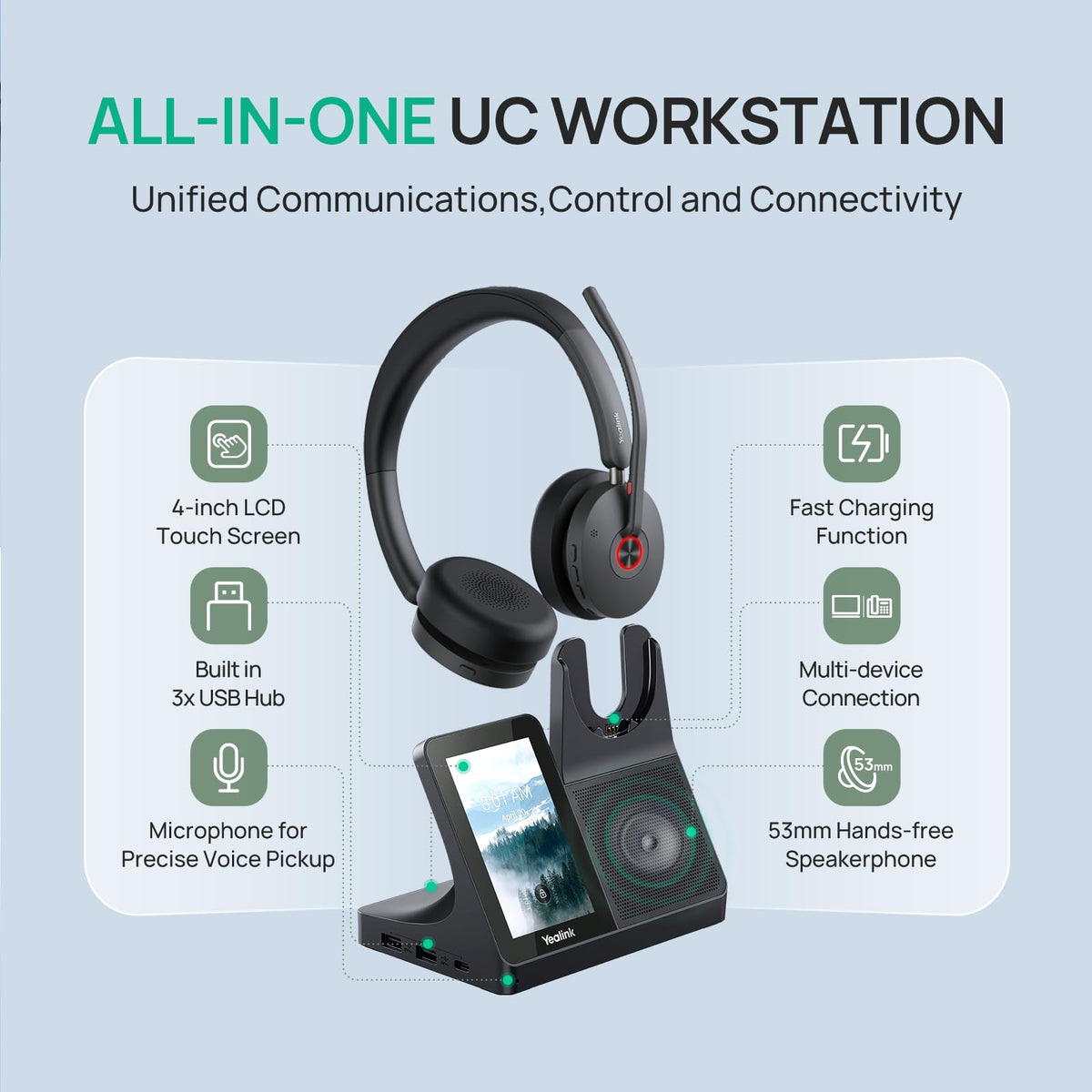Yealink WH68 Workstation DECT Wireless Headset with 4" Touch Screen, 4 Mic Hybrid ANC, 606ft Range, All in One Workstation with Speaker, 3X USB Hub Office Headset for Desk Phone, Computer, Cellphone