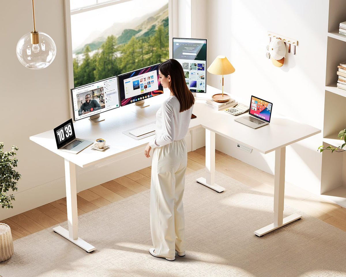 Casaottima 63 Inch L Shaped Electric Standing Desk, Home Office, White