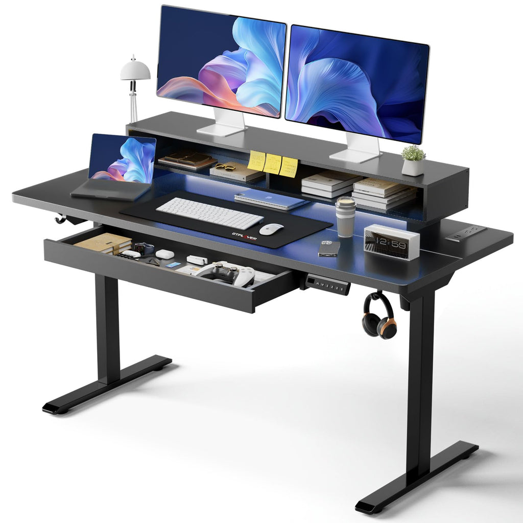 GTPLAYER Electric Standing Desk with Drawers, 48 x 24 Inch Height Adjustable Gaming Desk with Monitor Stand, Power Outlets & LED Lights, Home Office Sit Stand Up Desk with Memory Preset (Black)