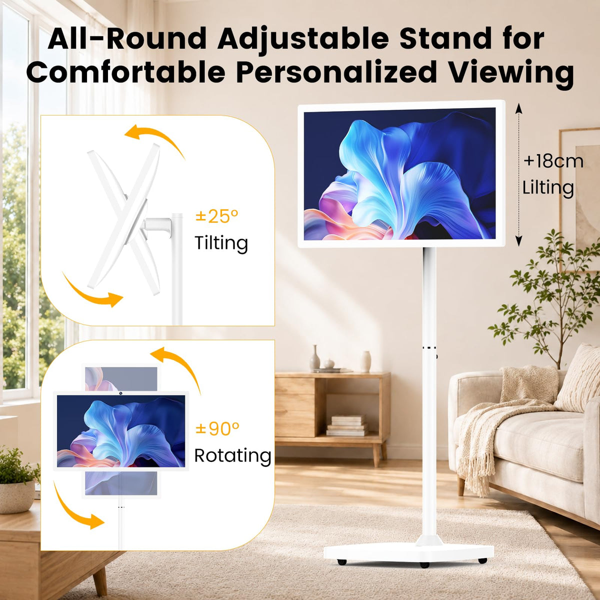32" Portable Smart TV on Wheels, Rolling Touchscreen TV for Home, Office