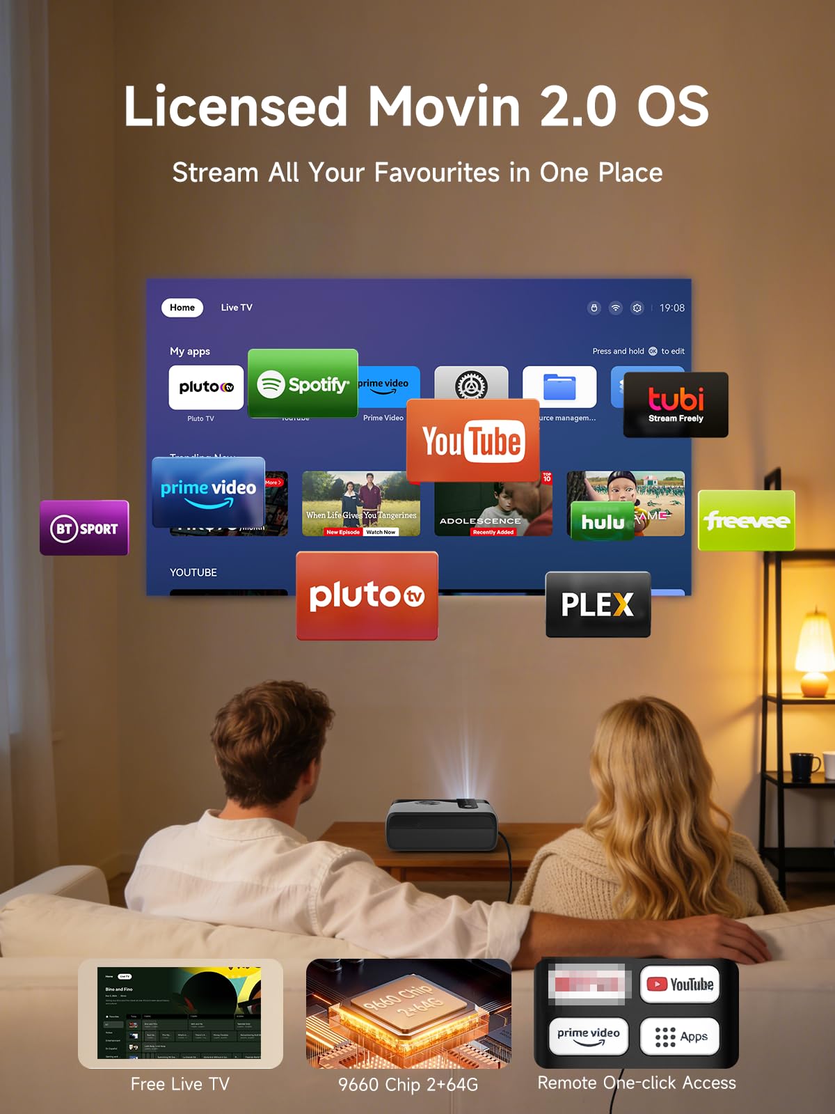 4K HDR Portable Projector with Smart Live TV & WiFi6, 30W Dolby Audio