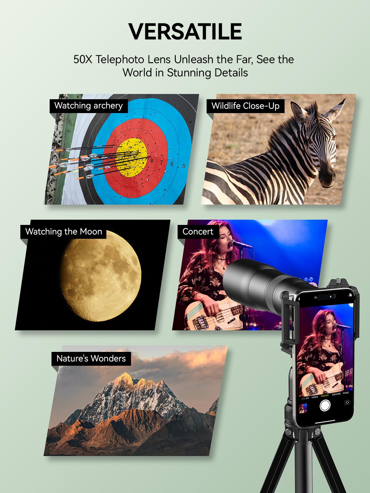MIAO LAB 50X HD Ultra Telephoto Lens for iPhone and Most Smartphone, with Tripod & Universal Phone Clip, Suitable for Indoor and Outdoor Shooting and Watch Concert, Moon Viewing