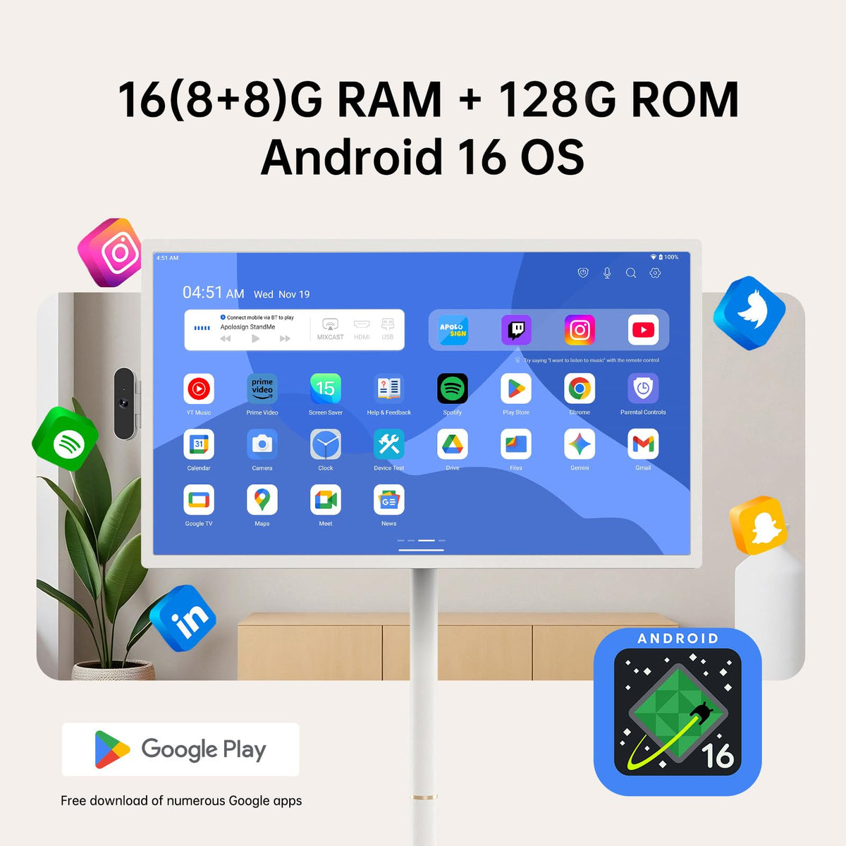 ApoloSign 32 inch FHD Smart Portable TV Gen2, 16G +128G Storage, Android 16, 15000mAh, Rolling TV on Wheels with Rotatable Touch Screen, Built-in Battery, Full Swivel Rotation, Voice Remote