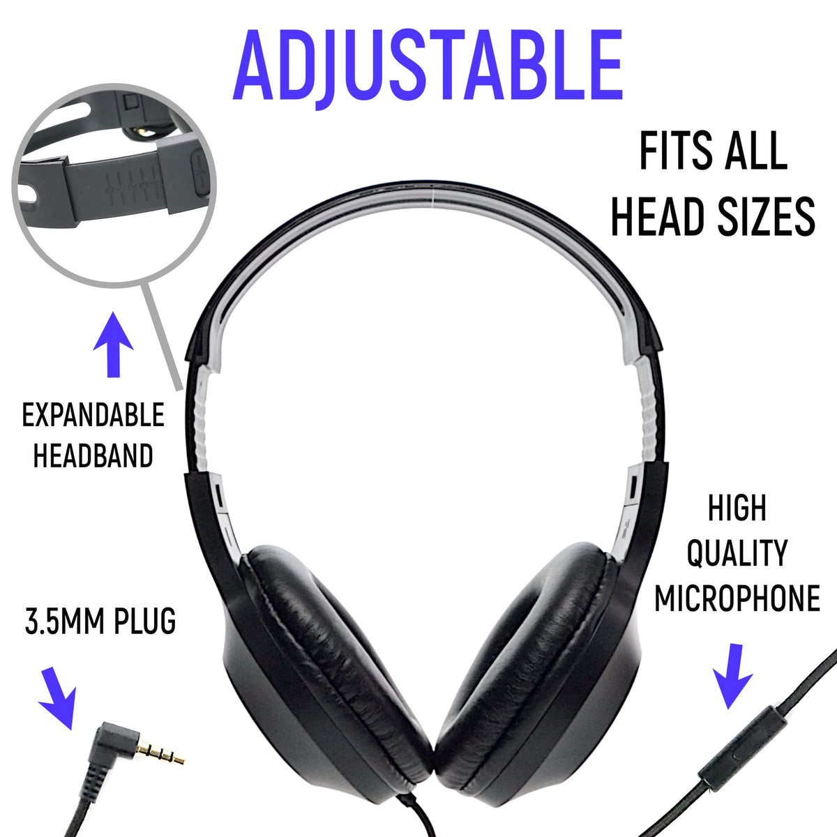 Classroom Headphones with Microphone Bulk 24 Pack, Wired Black Class Set