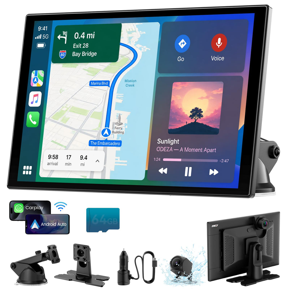 11'' Wireless CarPlay Screen with 4K Dash Cam, HD Touchscreen