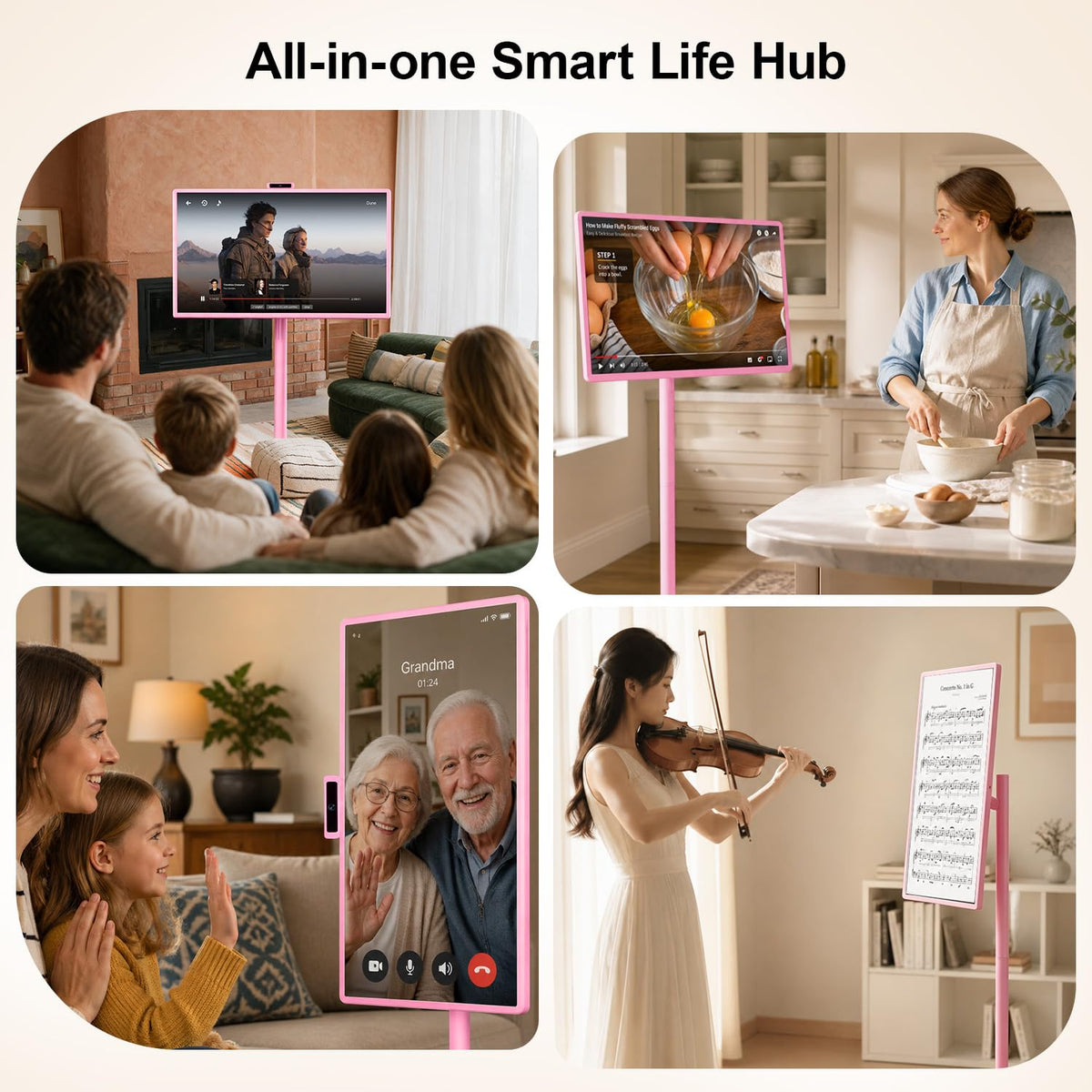 32" Portable Smart TV with Android 15, 1080P Touch Screen Monitor on Wheels, EDLA-Certified, 8GB+128GB Storage, 5MP Camera, 10H Playing Time, Rotatable Display, Wireless Casting, Voice Remote Control