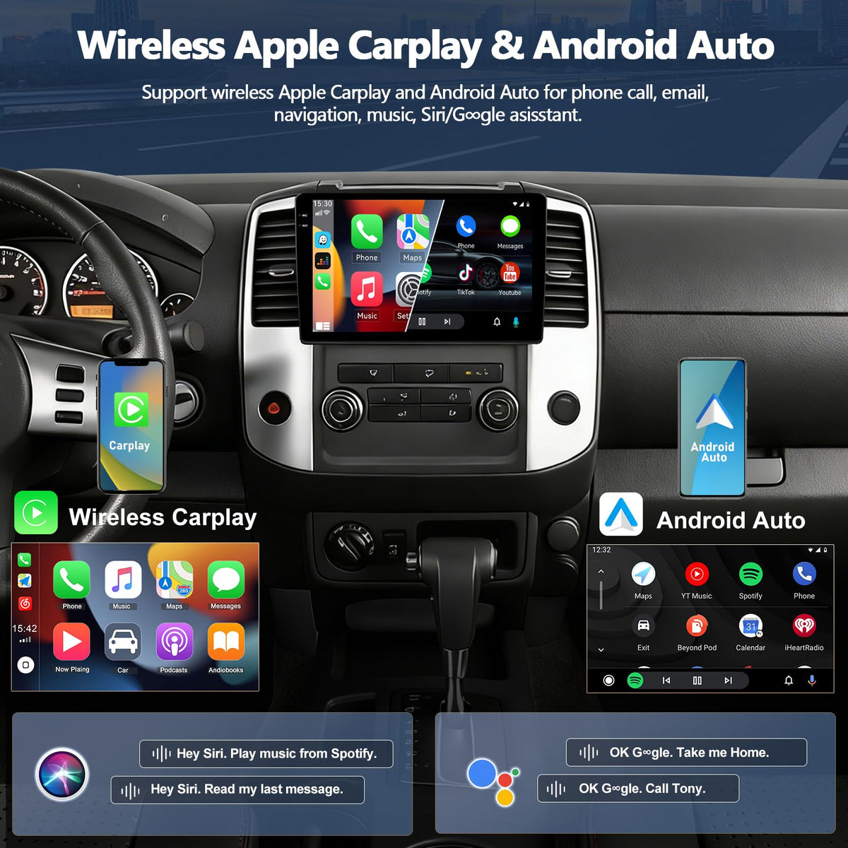 4G+128G Car Radio for Nissan Frontier 2009-2012 / Xterra 2009-2014 Android Car Stereo with CarPlay Android Auto GPS Navigation Bluetooth 9" in-Cell 1280*720 Touch Screen Head Unit with Backup Camera