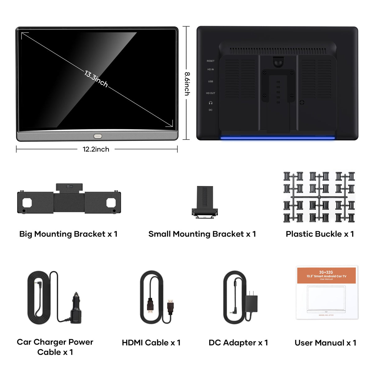 13.3" Car TV for Back Seat, 4K Android Headrest Monitor for Car, 4G+64G Portable Rear Entertainment System, Support Phone Wireless Mirror Link Touch Screen, with WiFi/HDMI/USB/Video Player