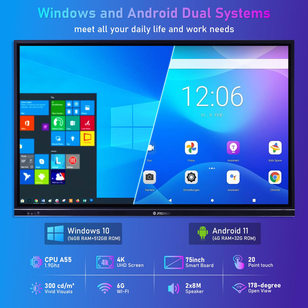 75‘’ Smart Board, 4K UHD Interactive Whiteboard for Office